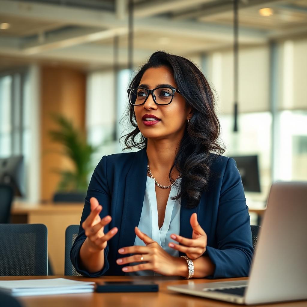 Confident woman in tech speaking up in a meeting