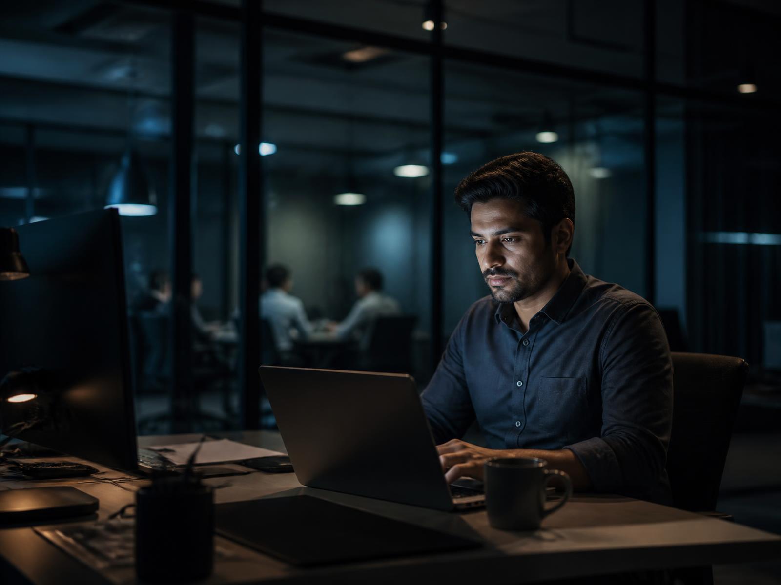 An IT professional working late at their desk in a dimly lit office, a meeting visible behind glass